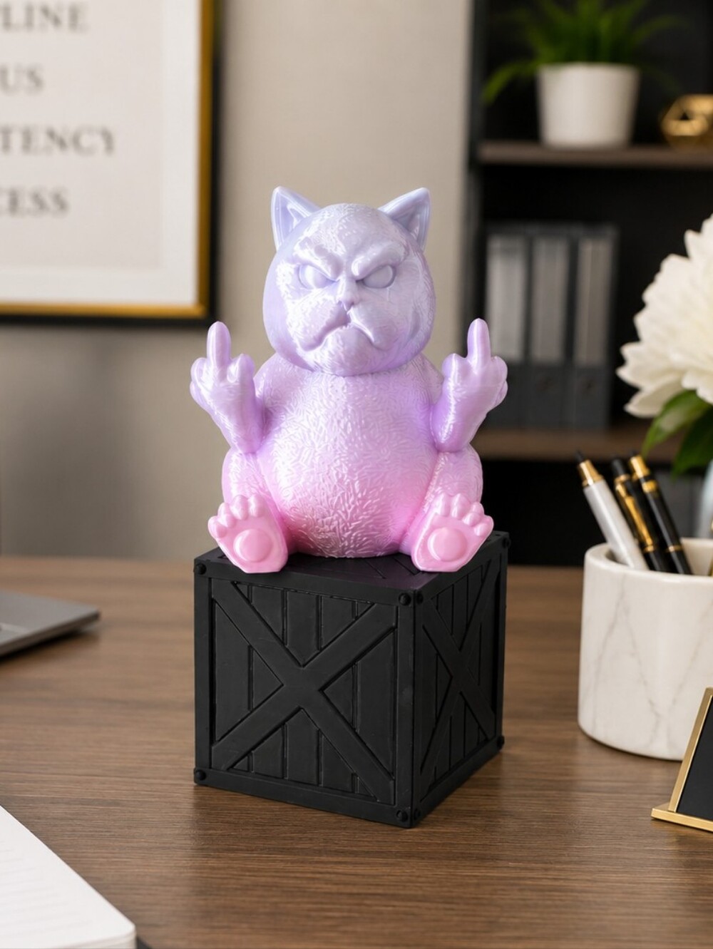 3D Printed Grumpy Cat Figurine on Crate Desk Decor Removable Cat IK3D - Picture 4 of 9